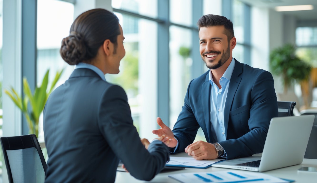Seorang agen penjualan percaya diri berbicara dengan klien di kantor modern yang terang dan rapi.