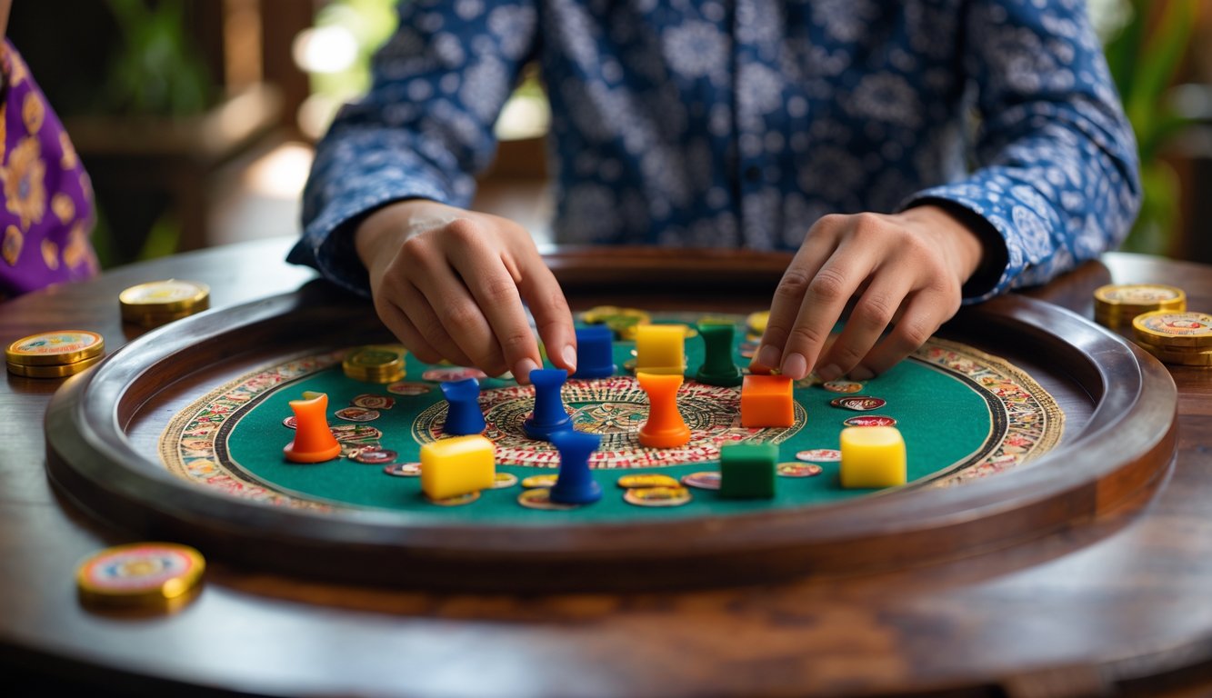 Seorang pria sedang bermain Judi Koitoto di meja kayu dengan potongan permainan warna-warni di dalam ruangan.