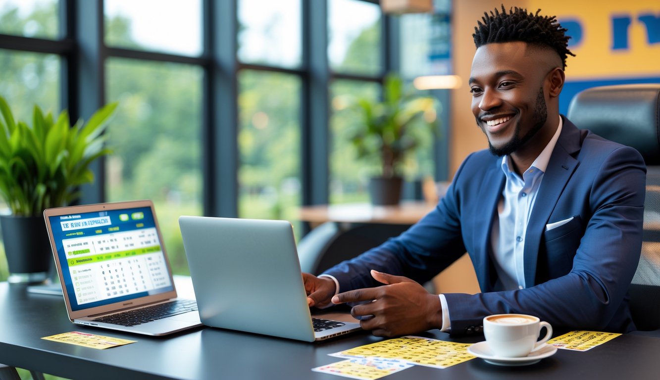Seorang agen lotere yang percaya diri sedang berbicara dengan pelanggan di kantor modern dengan tiket lotere di atas meja.