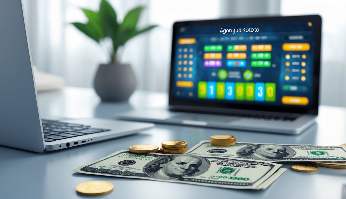Seorang pengguna sedang menggunakan laptop dengan tampilan permainan judi Koitoto dan uang nyata di atas meja.