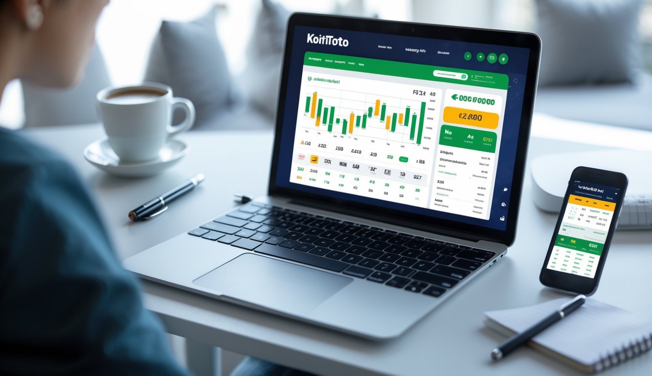 Seorang pengguna sedang menggunakan laptop dan ponsel untuk taruhan online di meja kerja modern.