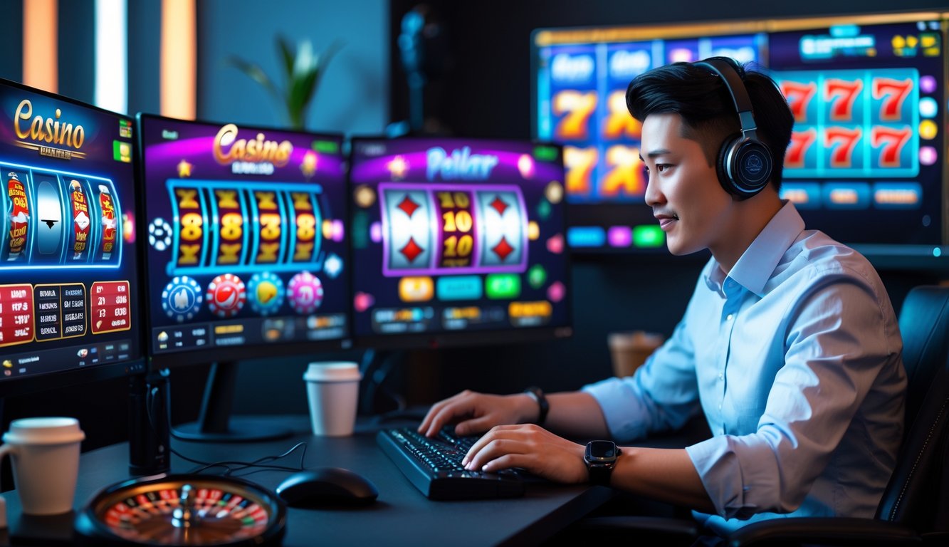 Seseorang sedang menggunakan komputer dengan tampilan permainan judi online di layar dalam ruangan kerja yang rapi dan terang.