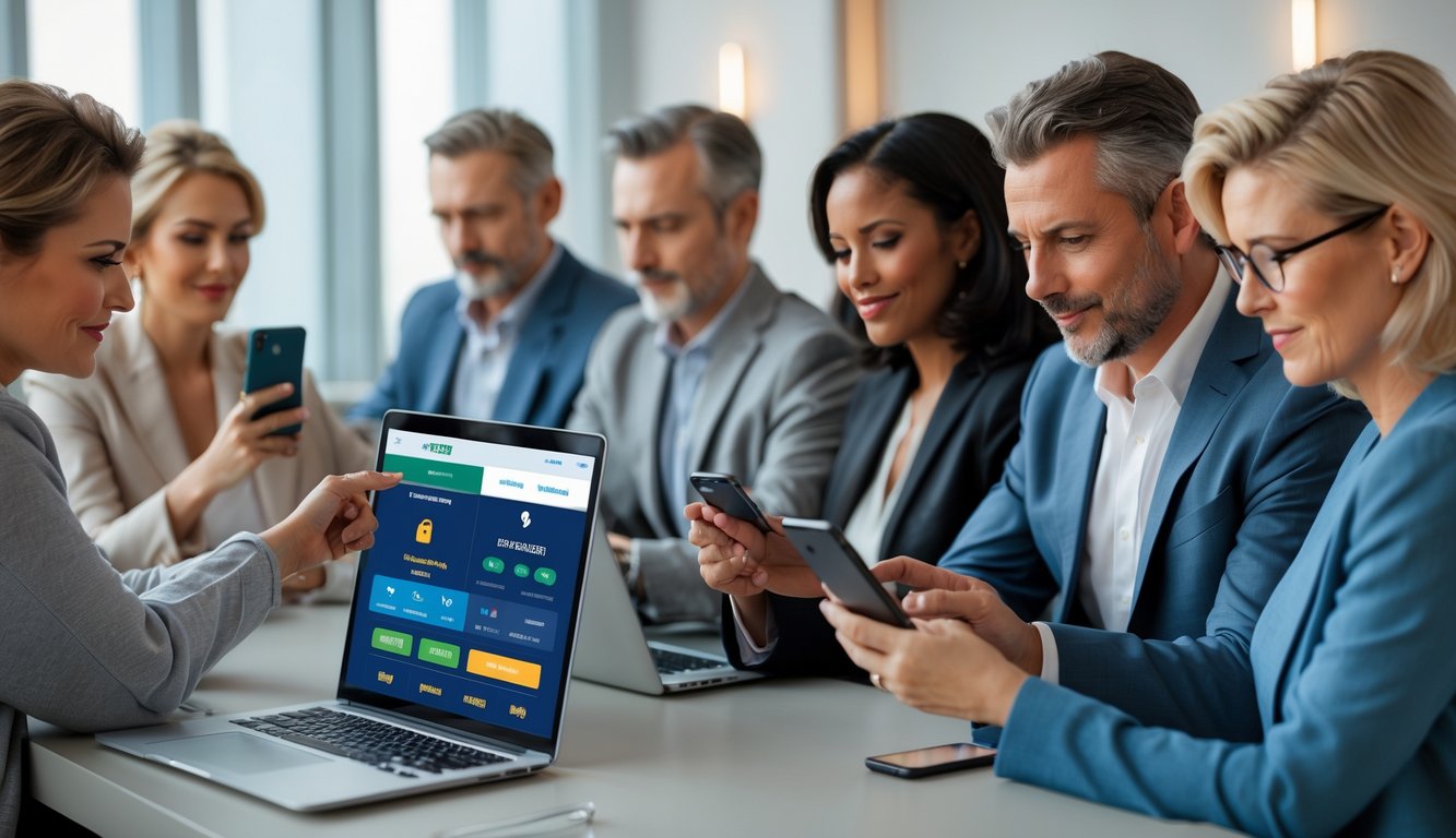 Sekelompok orang dewasa menggunakan perangkat digital dalam ruangan modern yang menunjukkan suasana taruhan yang terpercaya.