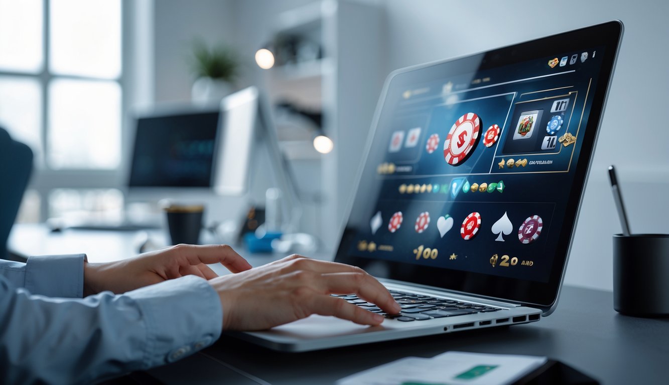 Seseorang menggunakan komputer dengan tampilan permainan judi online di ruangan yang terang dan rapi.