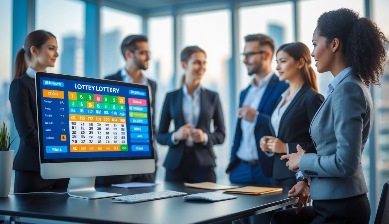 Suasana kantor modern dengan beberapa orang bekerja bersama di depan komputer yang menampilkan grafik dan angka terkait lotere.