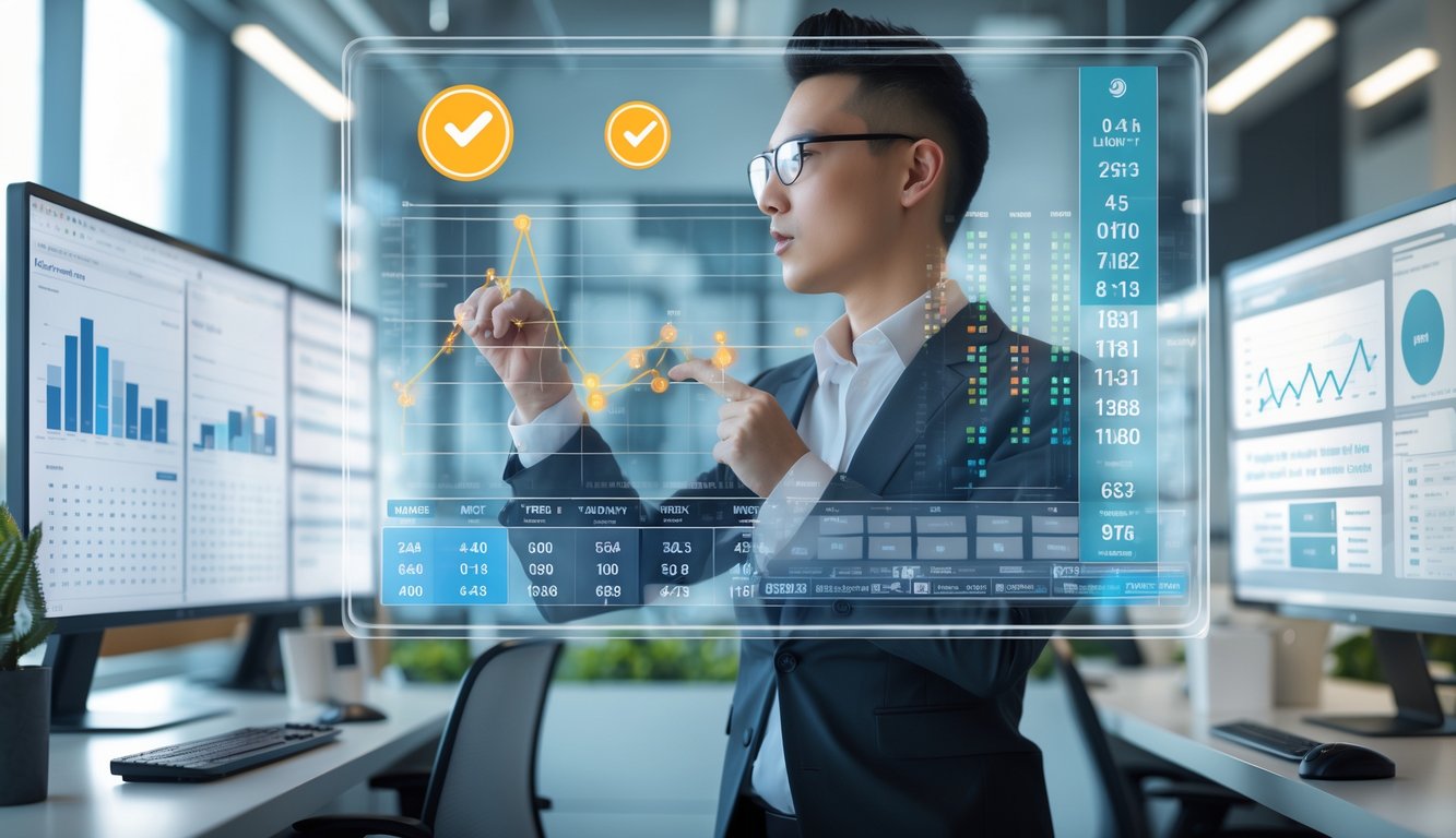 Seorang profesional sedang menganalisis data prediksi lotere 4D di kantor modern dengan layar digital dan grafik.