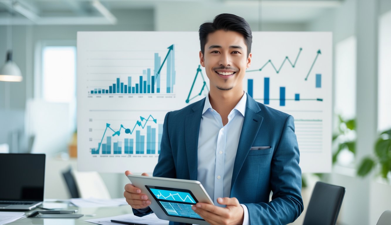 Seorang agen penjualan percaya diri tersenyum di kantor modern dengan tablet dan grafik di latar belakang.