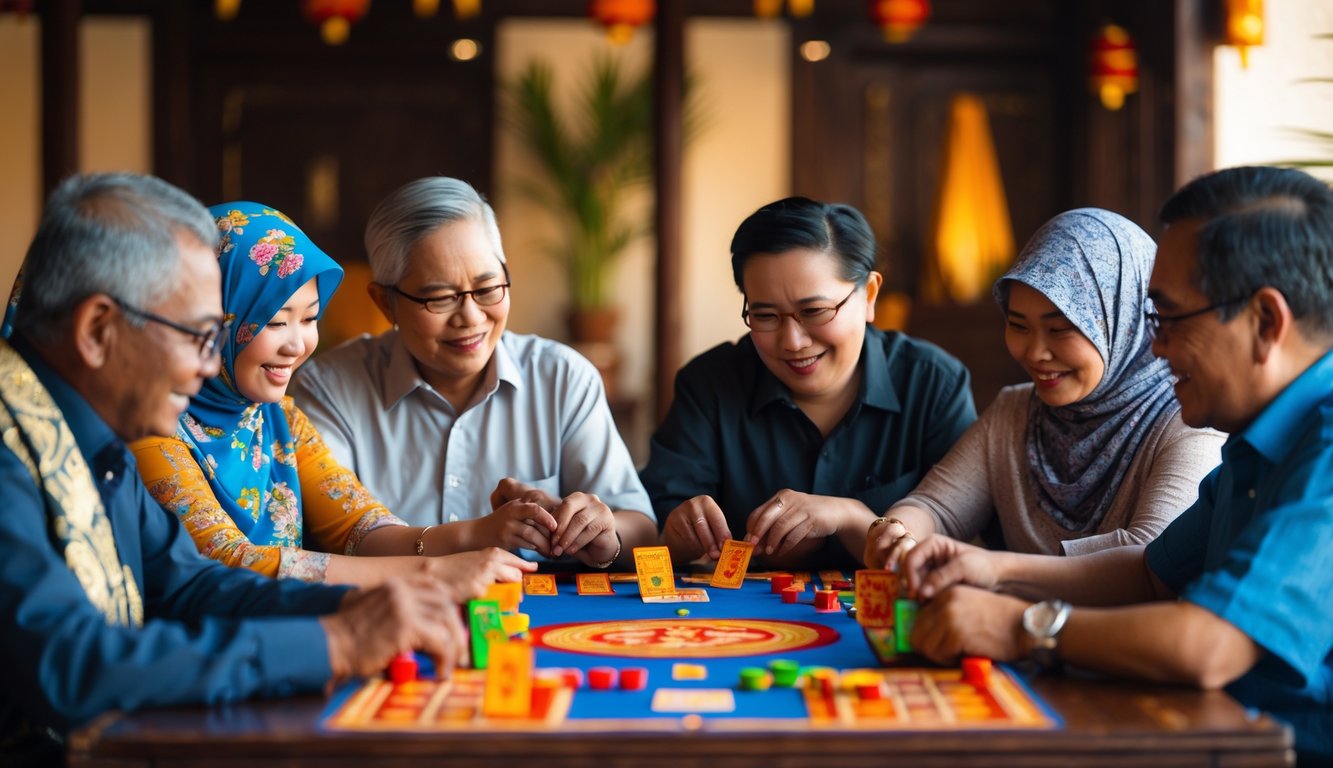 Sekelompok orang dewasa sedang duduk mengelilingi meja bermain Judi Koitoto dengan ekspresi fokus dan senang.