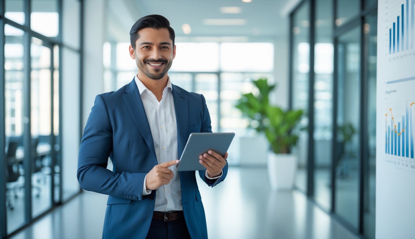 Seorang agen profesional berdiri di kantor modern dengan senyum percaya diri, memegang tablet yang menampilkan grafik.