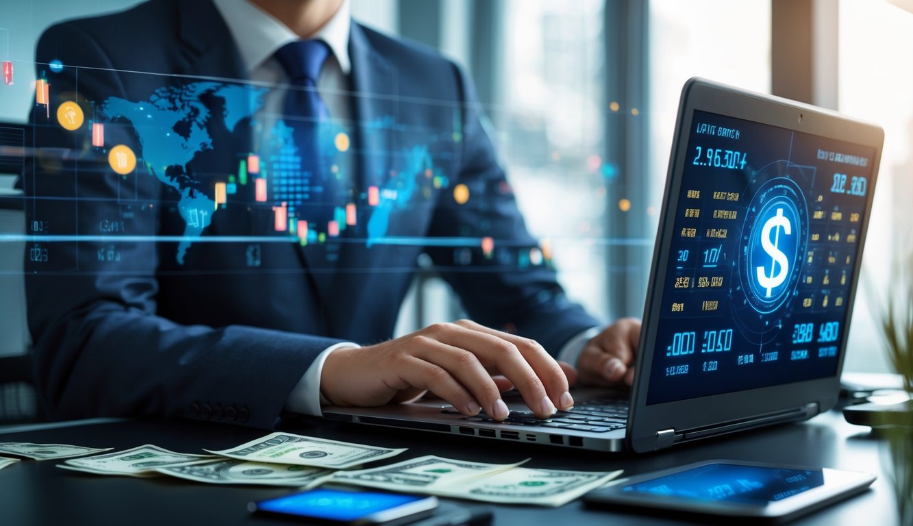 Seorang profesional menggunakan laptop di kantor modern dengan latar belakang simbol mata uang dan grafik keuangan.
