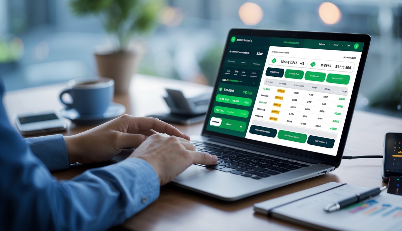 Seorang profesional menggunakan laptop dan ponsel di meja kerja dengan suasana yang rapi dan fokus pada aktivitas taruhan online.