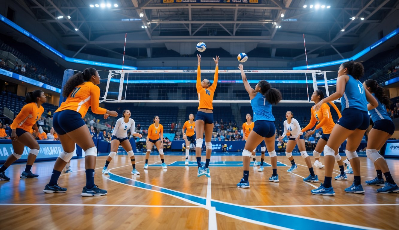 Pertandingan bola voli dalam ruangan dengan pemain yang sedang melompat untuk memukul bola di atas net, dengan pemain lawan bersiap untuk memblokir.