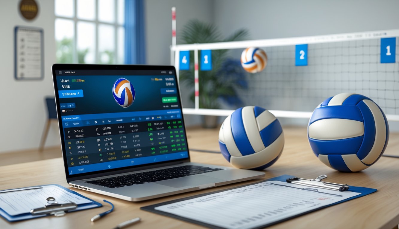 Seorang pria sedang menggunakan laptop dengan statistik dan peluang taruhan bola voli, di meja terdapat bola voli dan papan skor.