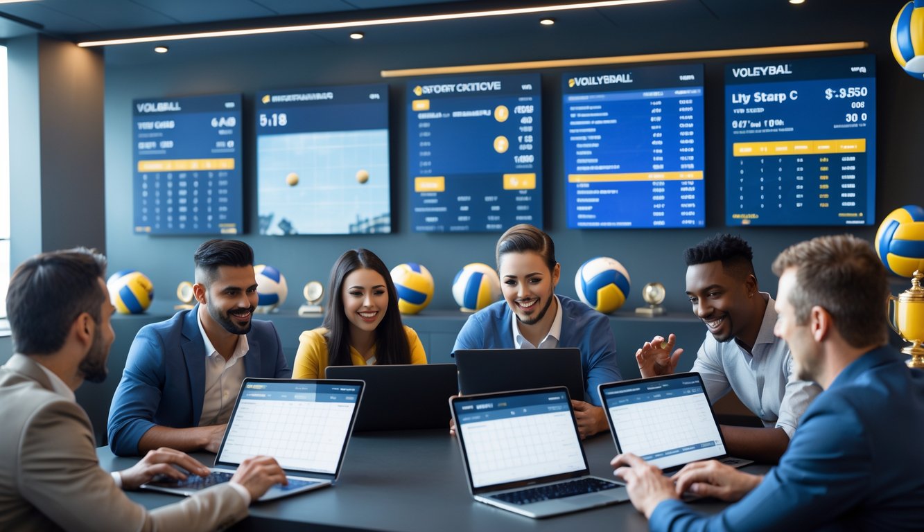 Orang-orang sedang melihat data pertandingan voli di layar besar dalam ruangan modern.