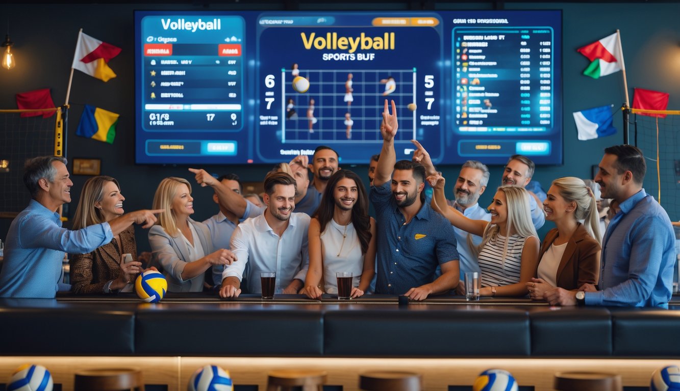 Sekelompok orang sedang melihat layar besar yang menampilkan statistik dan peluang taruhan pertandingan bola voli di sebuah tempat berkumpul yang modern.