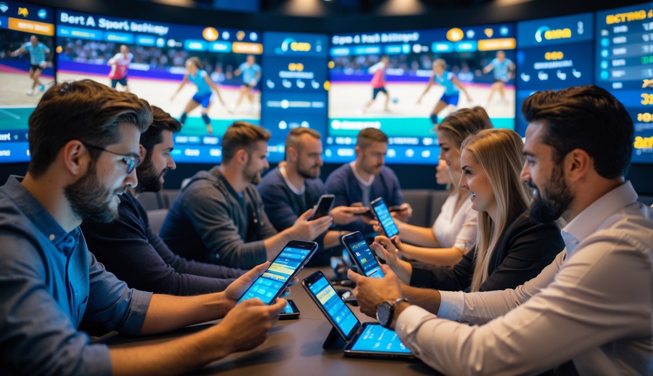 Beberapa orang sedang memasang taruhan langsung pada pertandingan bola voli menggunakan perangkat digital di sebuah ruang taruhan olahraga yang modern.