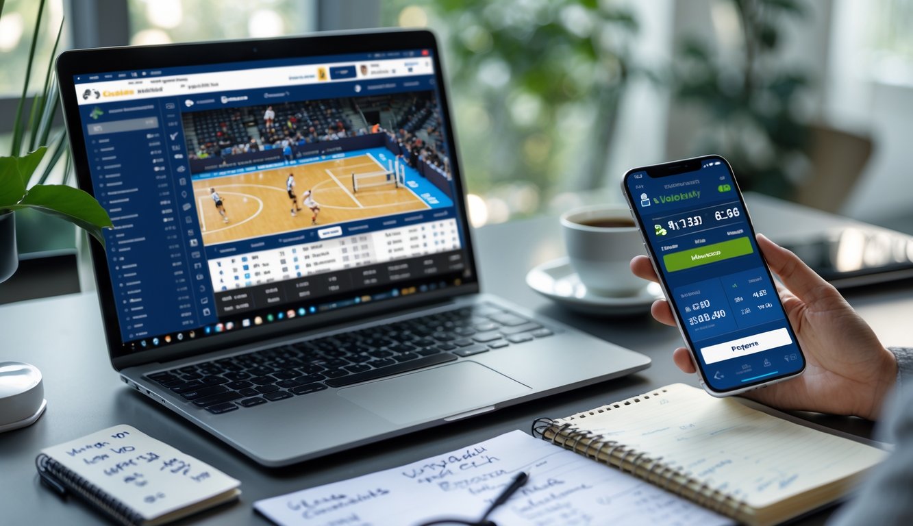 Meja kerja dengan laptop menampilkan pertandingan bola voli dan smartphone dengan aplikasi taruhan, dilengkapi catatan dan kopi.