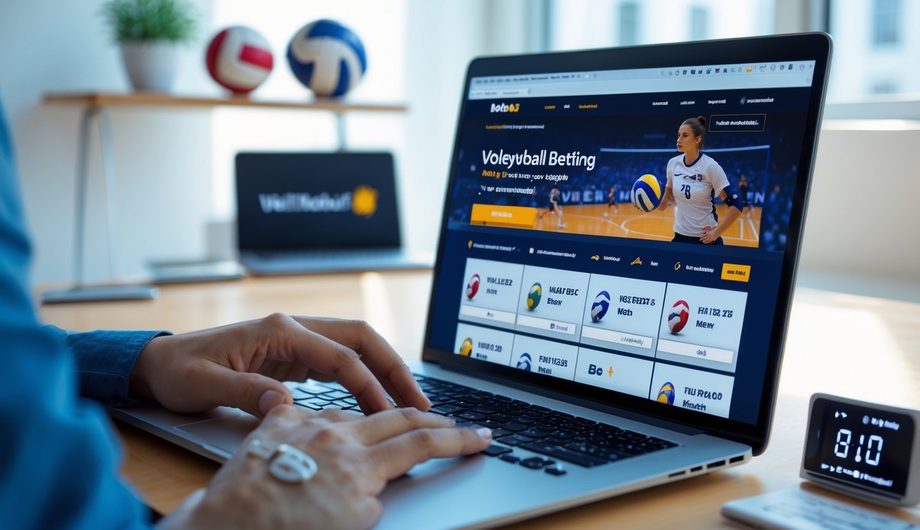 Seseorang menggunakan laptop di meja kerja dengan tampilan situs taruhan bola voli online, dikelilingi oleh dekorasi bertema olahraga bola voli.