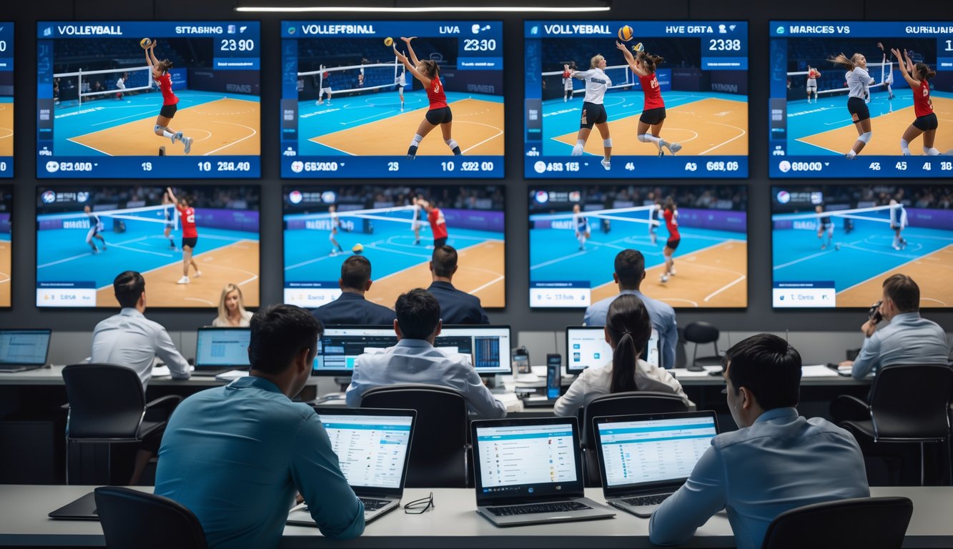 Orang-orang sedang memasang taruhan pada pertandingan bola voli internasional di sebuah ruang taruhan modern dengan layar besar menampilkan aksi pertandingan bola voli.