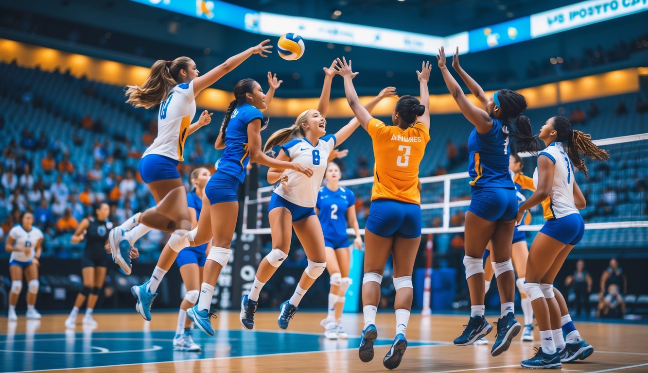 Sejumlah pemain voli sedang bermain di dalam arena olahraga dengan latar penonton yang menyemangati.