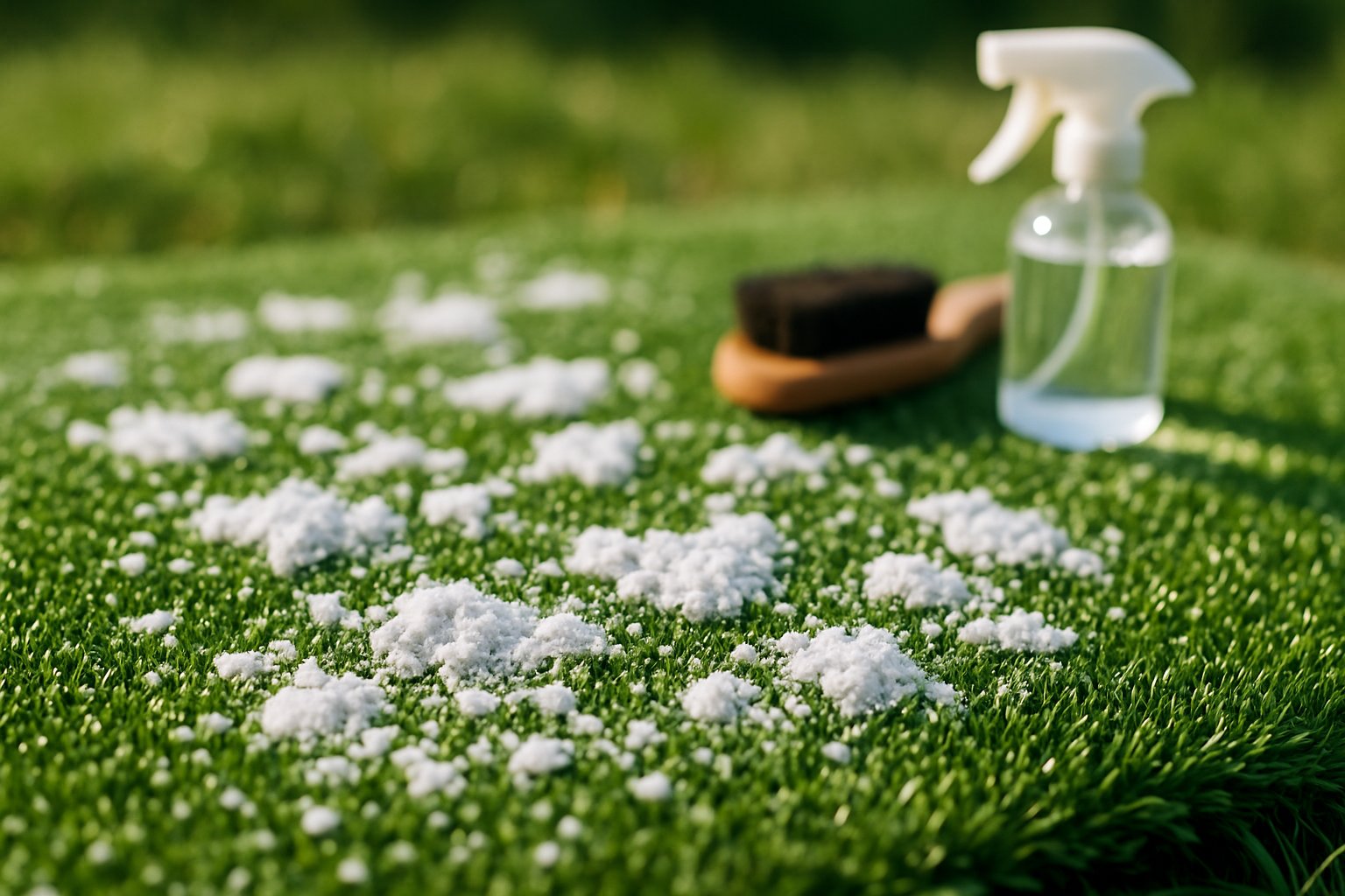 Close-up of artificial turf with white calcium deposits on green synthetic grass blades and gardening tools in the background.