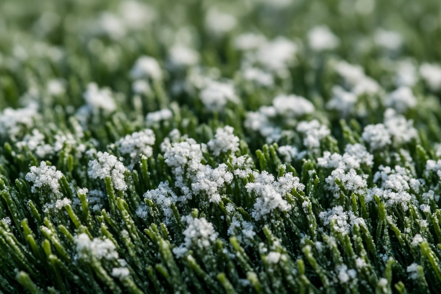 Close-up of synthetic turf with white calcium deposits on the artificial grass fibers.