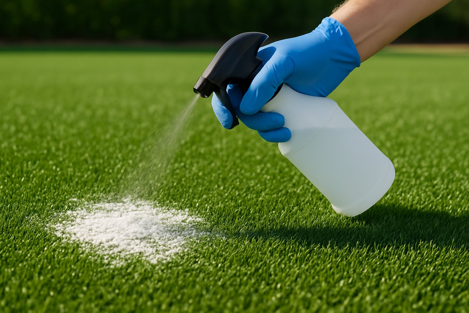 Close-up of a person cleaning white calcium deposits from green artificial turf using a spray bottle and gloves.