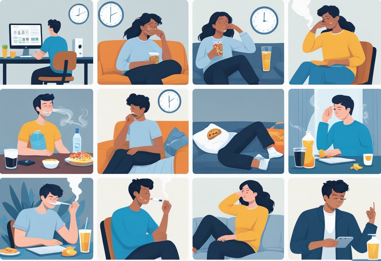 Illustration showing ten different people engaging in everyday habits that harm their health, such as poor posture, drinking sugary drinks, eating junk food late at night, using phones in bed, smoking, skipping breakfast, being sleep-deprived, distracted walking, not drinking enough water, and ignoring social interactions.