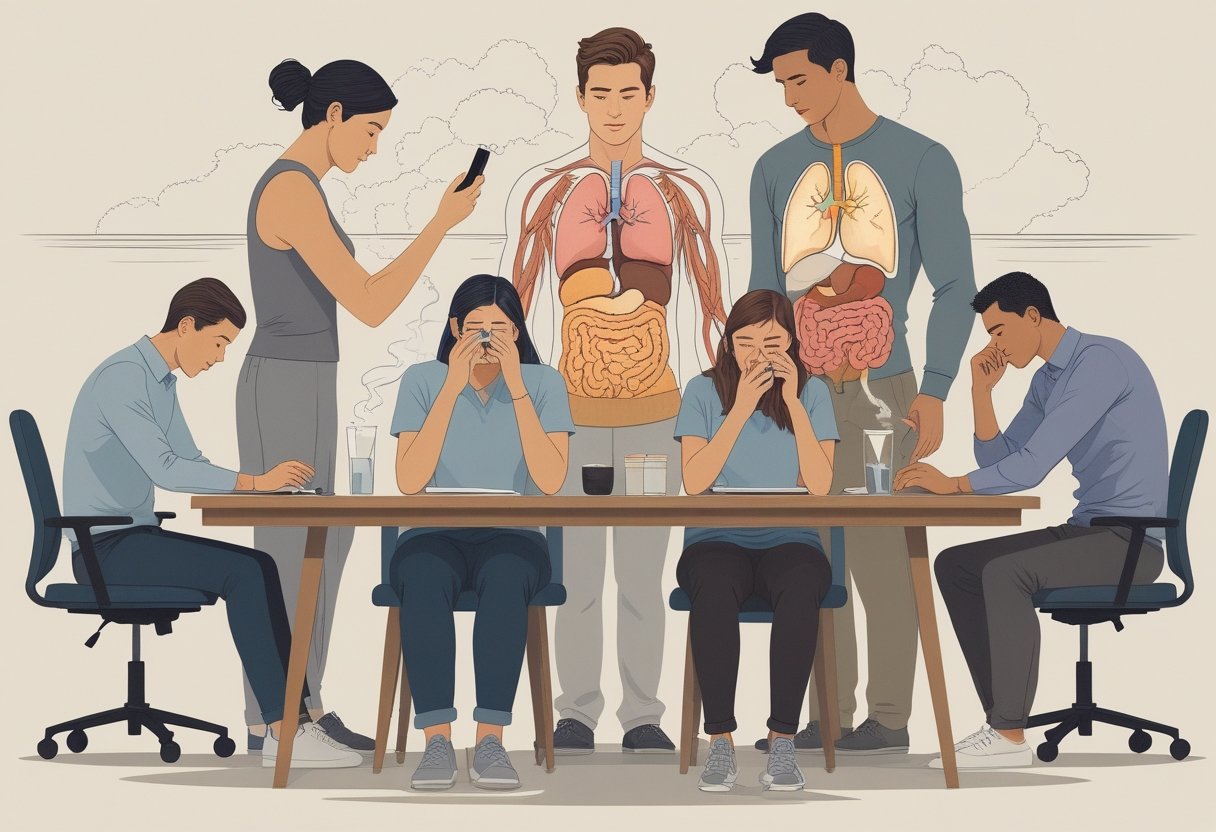 A group of people performing everyday activities like sitting with poor posture, using smartphones, smoking, eating sugary snacks, and neglecting hydration, illustrating habits that harm their health.