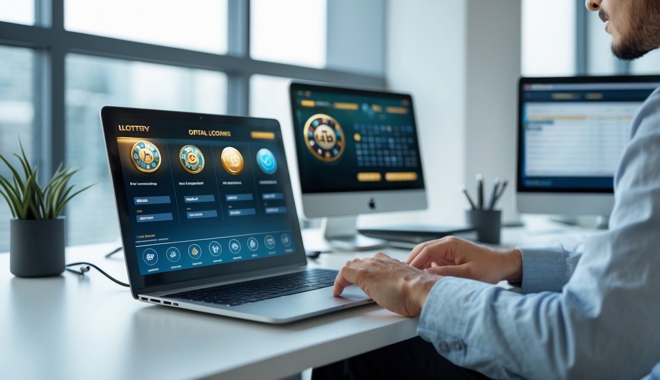 Seseorang sedang menggunakan laptop di meja kerja dengan tampilan antarmuka permainan atau lotere digital.