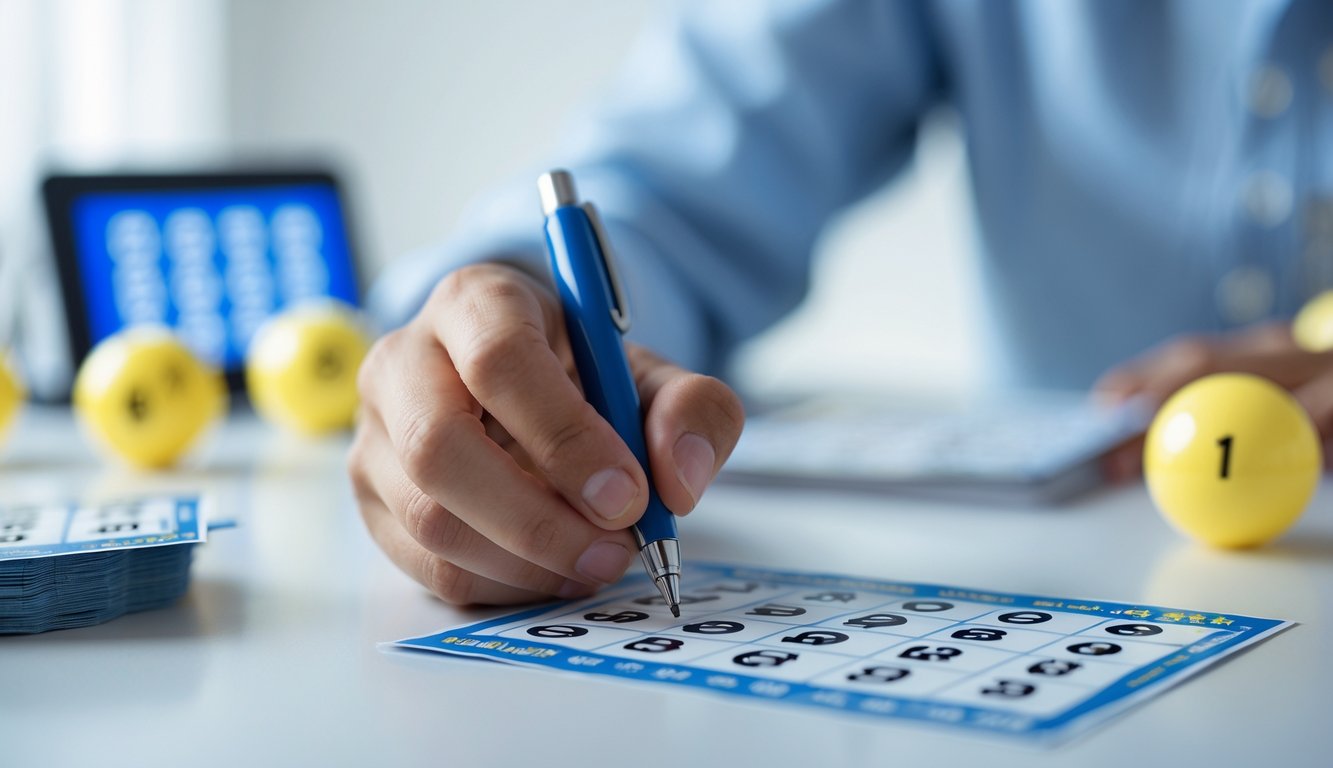 Tangan seseorang sedang menandai nomor pada tiket lotere dengan latar belakang elemen lotere seperti bola dan layar angka.