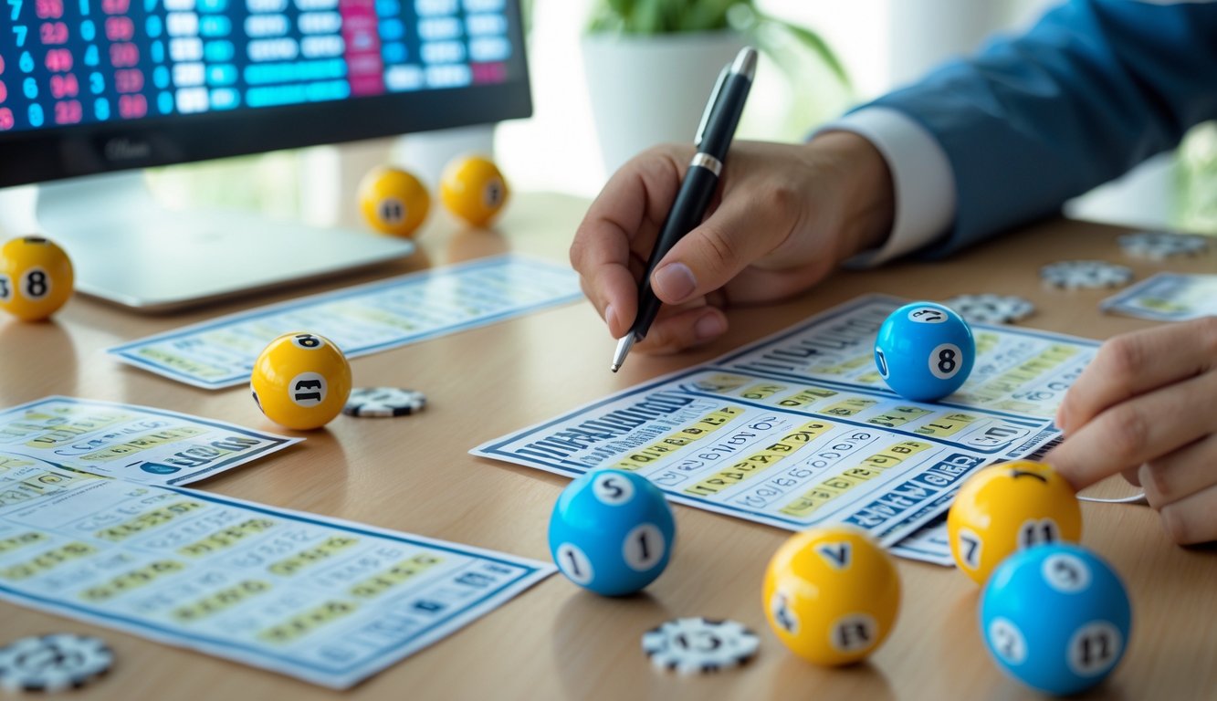 Sebuah meja dengan tiket lotere, bola bernomor, dan tangan yang memegang pena siap menandai angka pada slip taruhan.
