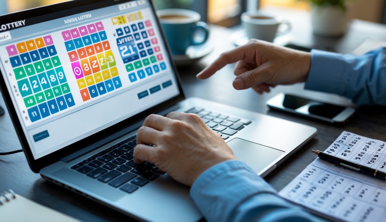 Meja kerja dengan laptop menampilkan antarmuka lotere online dan tangan menunjuk angka di layar, dikelilingi oleh cangkir kopi, ponsel, dan catatan angka.