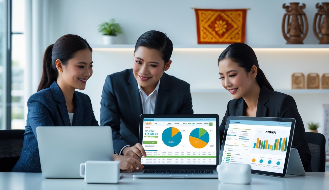 Dua orang profesional Indonesia bekerja sama di kantor modern dengan perangkat digital yang menampilkan data terkait lotere.