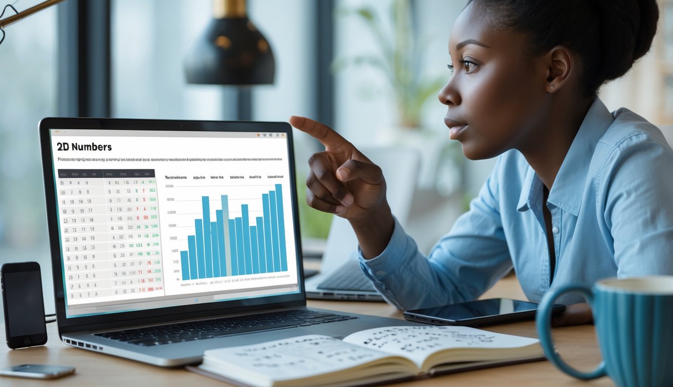 Seseorang sedang fokus menganalisis prediksi angka togel di meja kerja dengan laptop dan catatan.