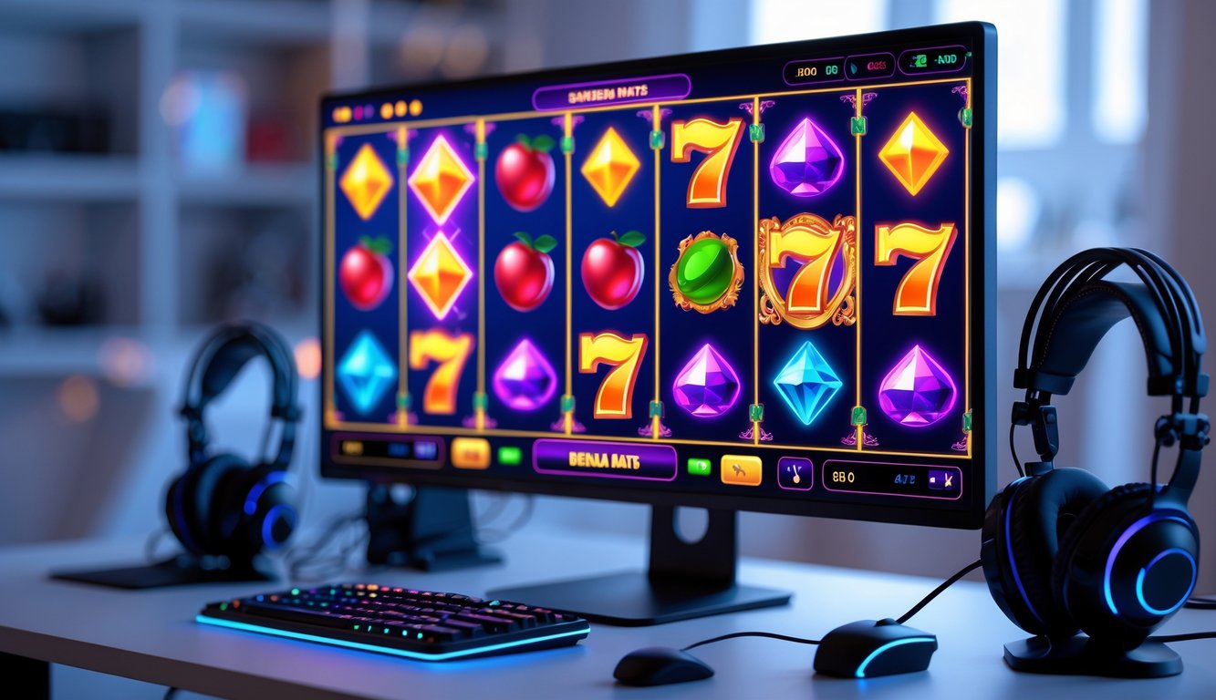Sebuah setup gaming online dengan layar komputer yang menampilkan permainan slot berwarna-warni dan aksesori gaming di meja yang rapi.