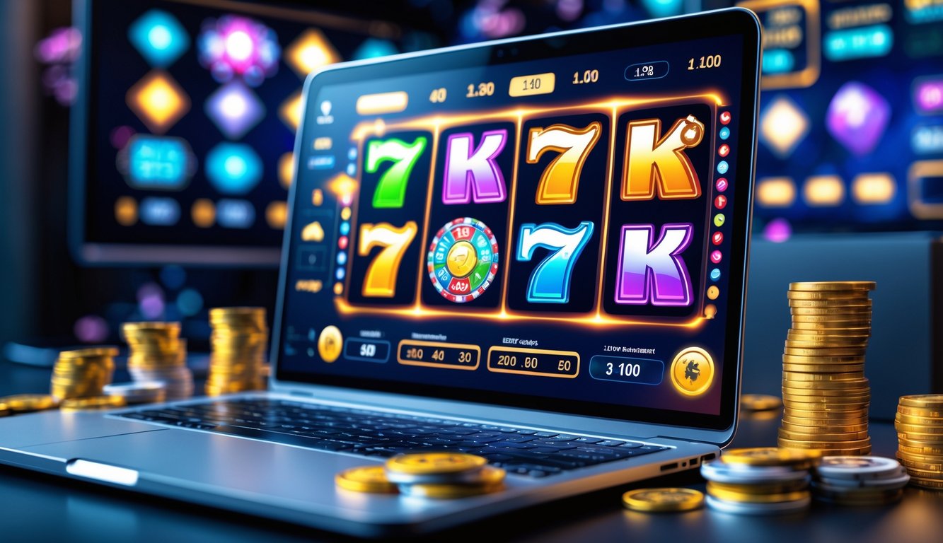Layar komputer menampilkan permainan slot online dengan simbol warna-warni dan koin di sekitar meja.