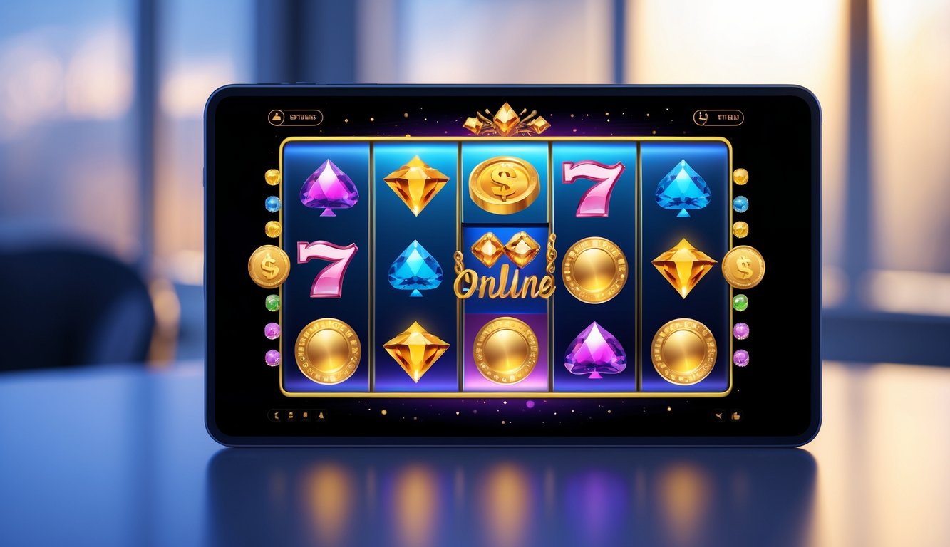 Layar perangkat menampilkan permainan slot online dengan simbol premium berputar.