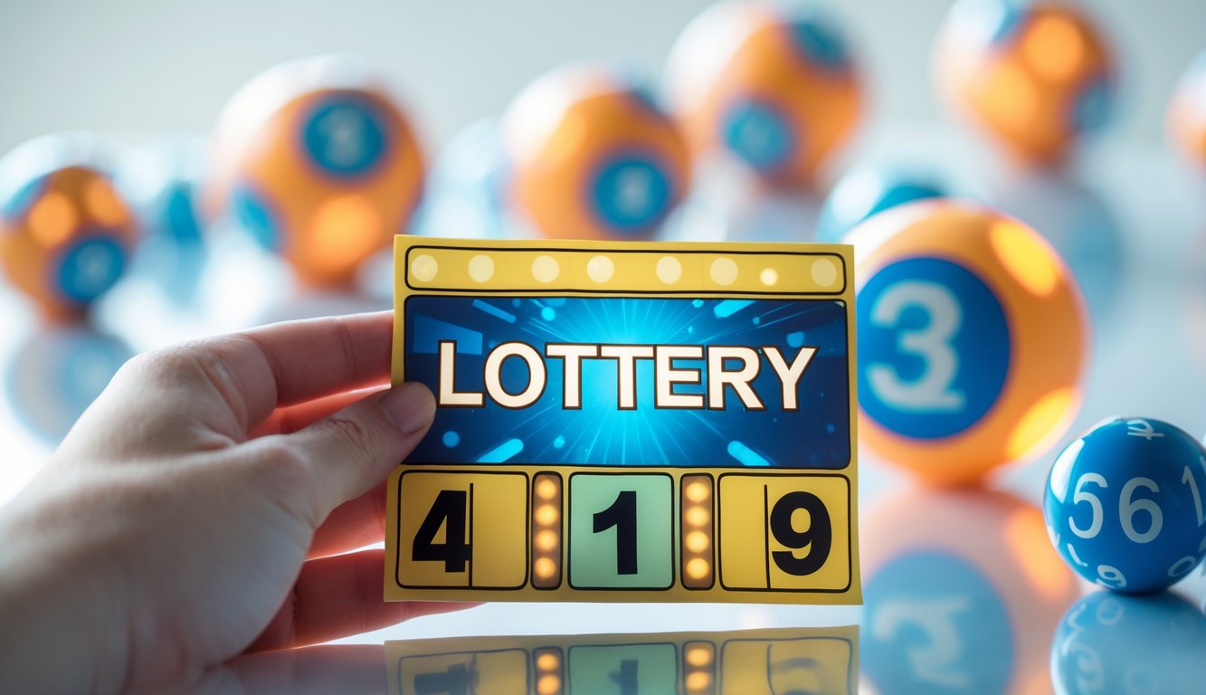 Tangan memegang tiket lotere berwarna-warni dengan bola lotere bernomor di latar belakang.