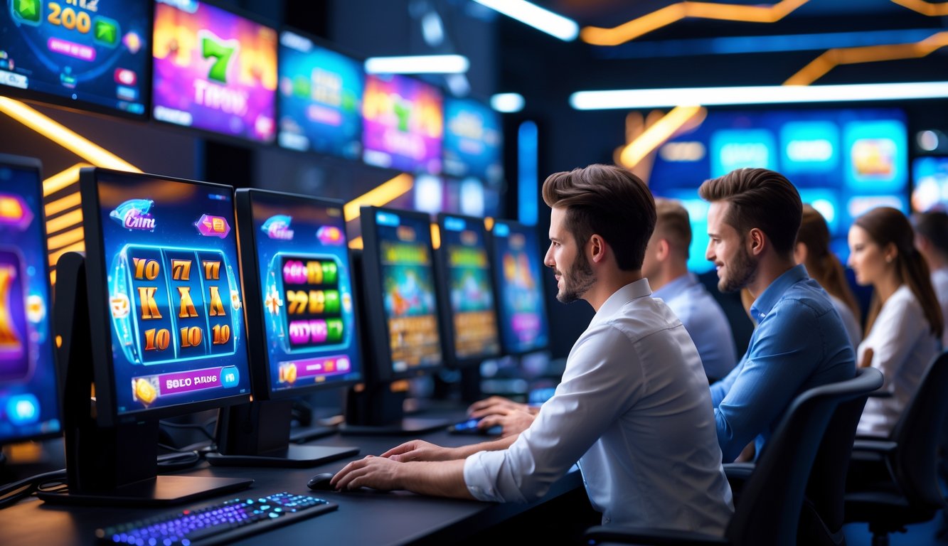 Orang-orang sedang menggunakan komputer dengan permainan slot online yang modern dan lancar di layar.