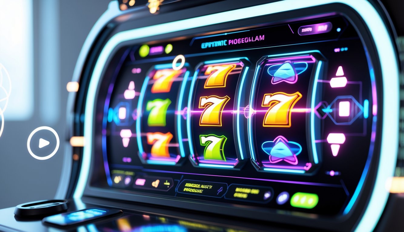 Layar mesin slot online modern dengan grafik warna-warni dan elemen interaktif futuristik.