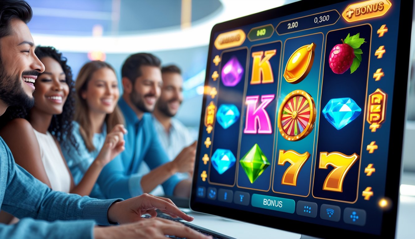 Orang-orang sedang menikmati permainan slot online modern dengan layar perangkat yang menampilkan fitur bonus inovatif.