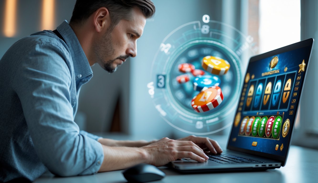 Seorang pria fokus bermain permainan slot online di depan laptop di ruang kerja yang rapi dan terang.