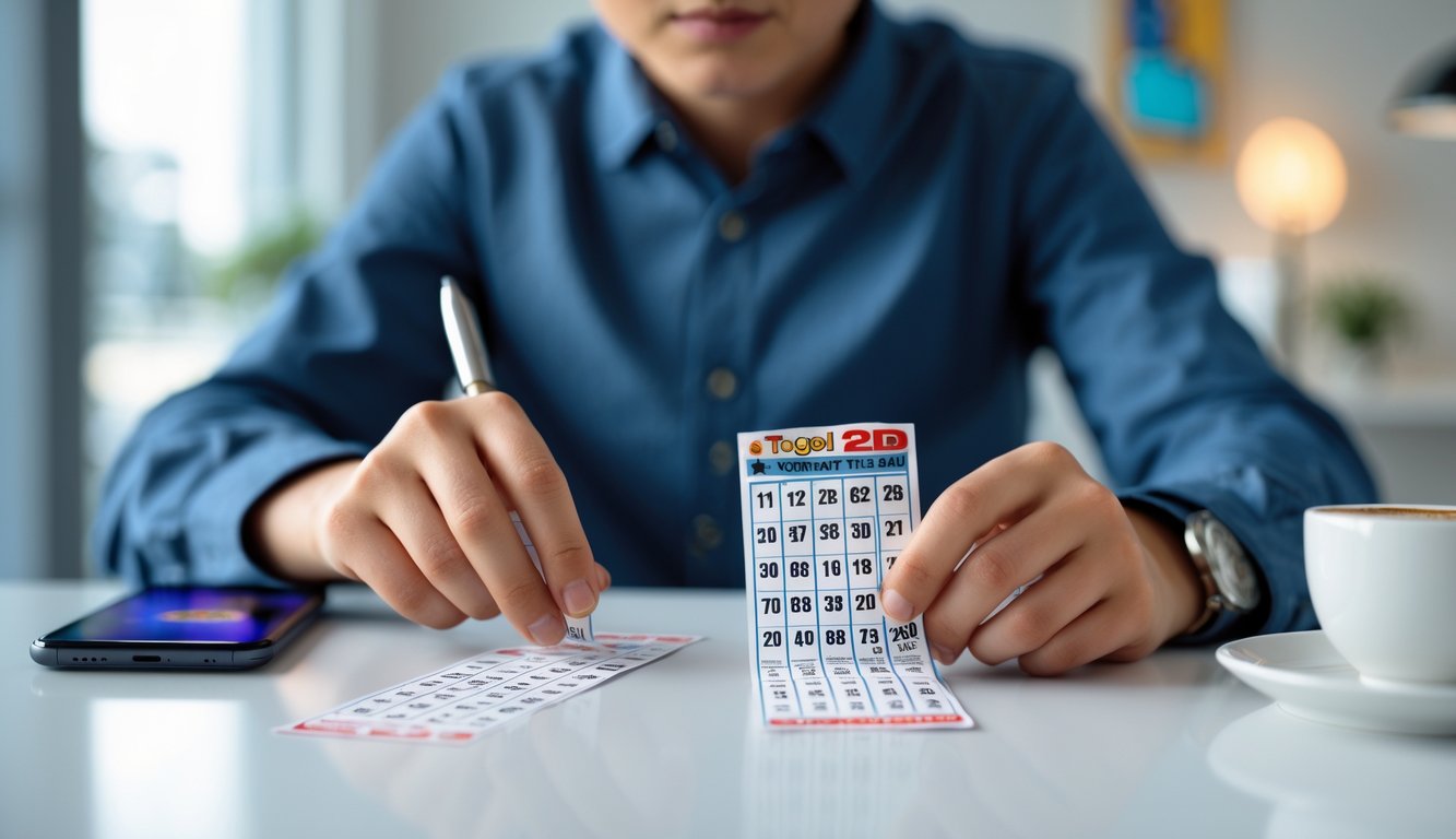 Seorang individu sedang duduk di meja, memilih nomor pada tiket togel 2D dengan ekspresi fokus.