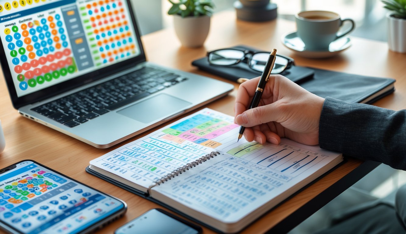 Meja kerja dengan laptop, catatan angka, dan tangan yang memegang pena, menunjukkan suasana analisis angka togel 2D.