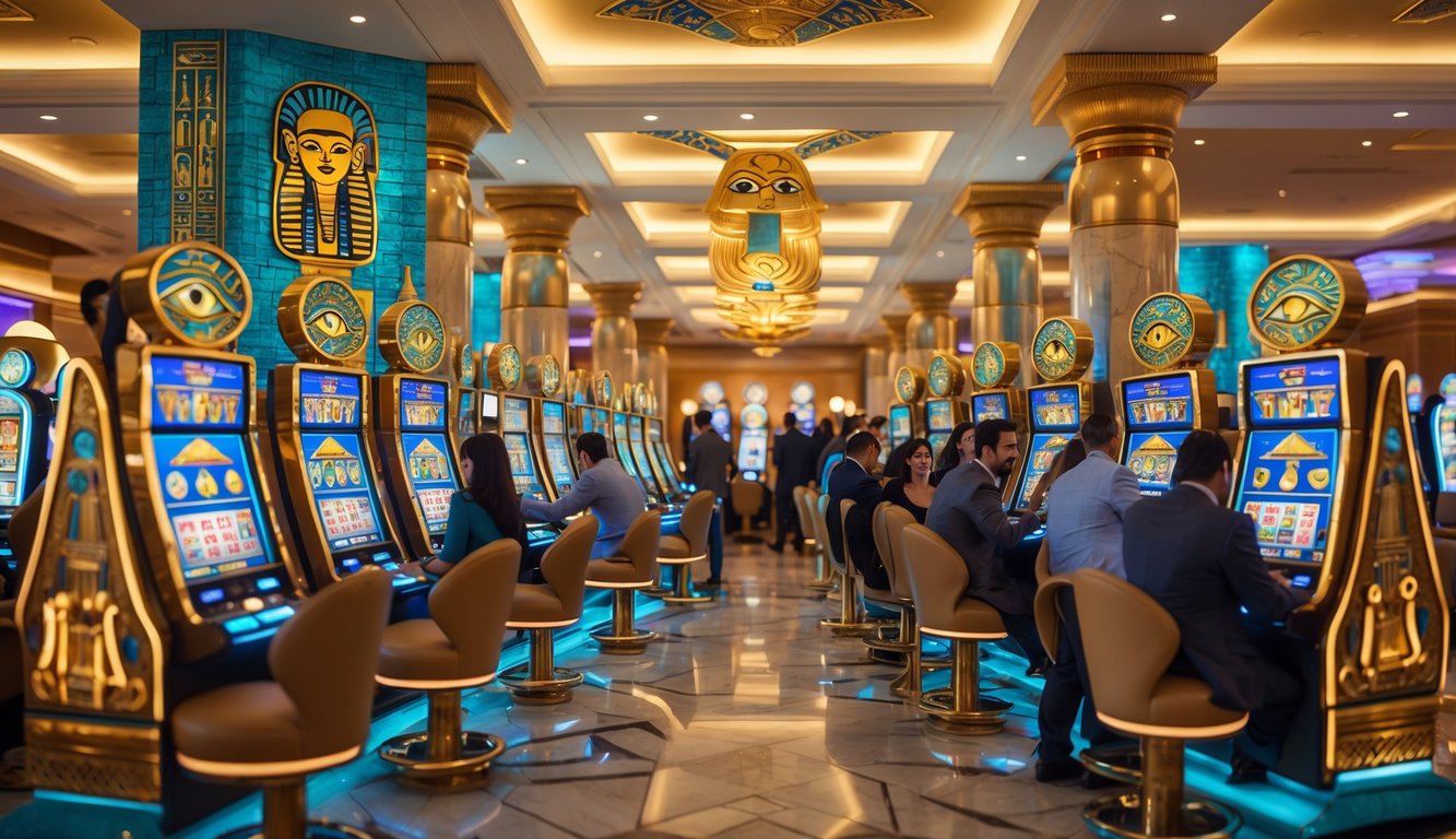 Area mesin slot bertema Mesir kuno dengan dekorasi emas dan turkis, orang-orang bermain mesin slot di lingkungan kasino yang mewah.