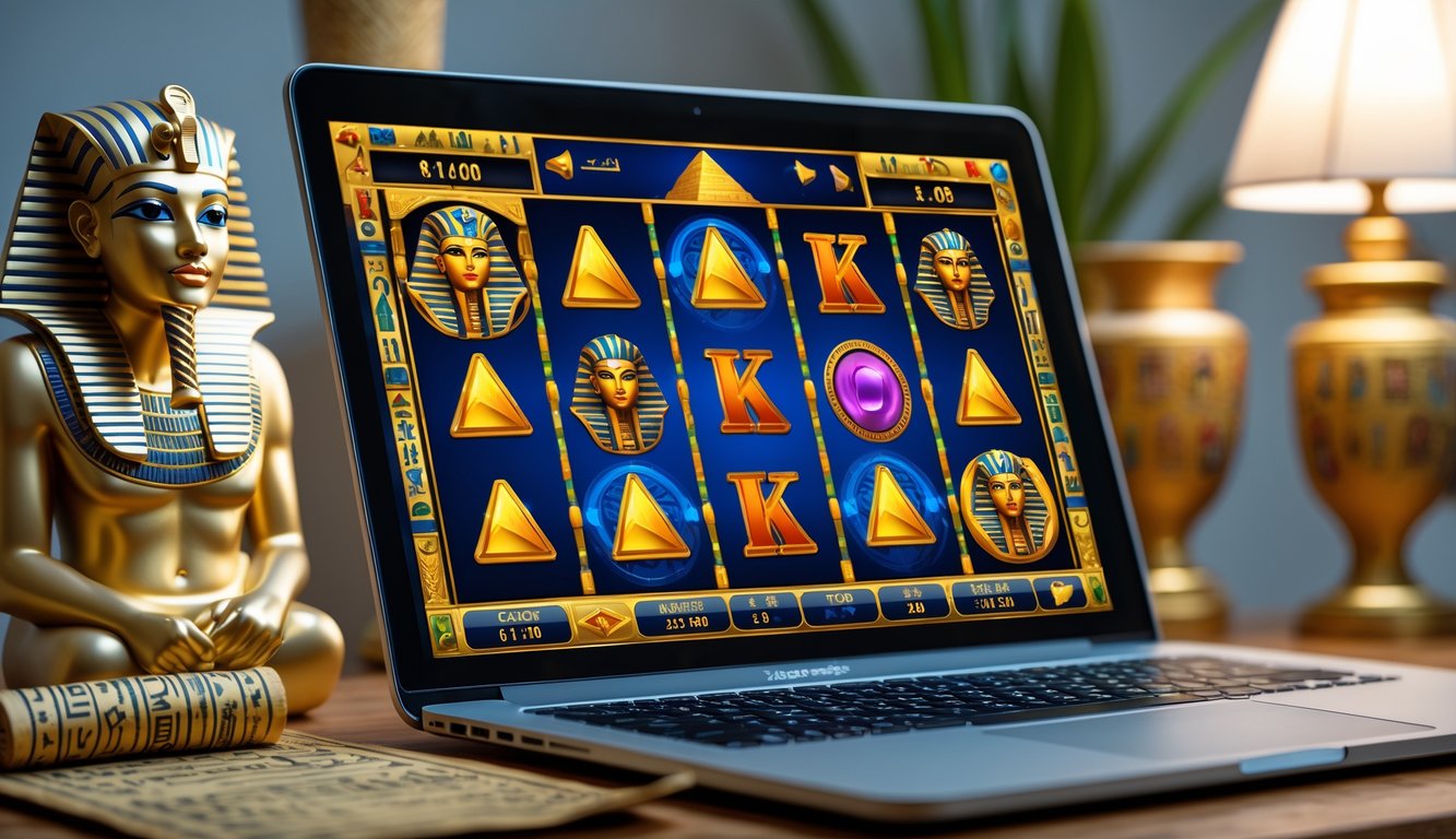 Layar laptop menampilkan permainan mesin slot bertema Mesir kuno dengan simbol seperti scarab emas, topeng firaun, dan piramida.