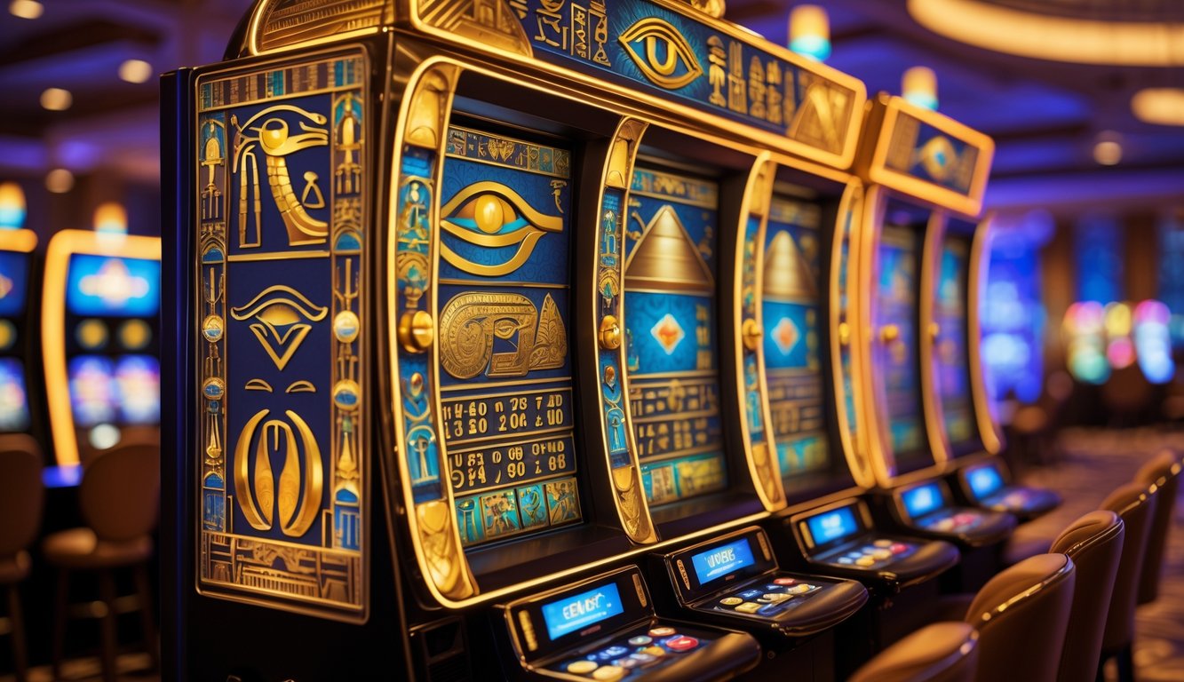 Mesin slot bertema Mesir kuno dengan simbol hieroglif dan pencahayaan hangat di dalam kasino.