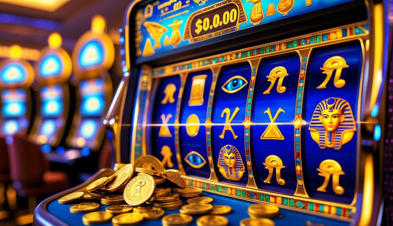 Mesin slot bertema Mesir dengan simbol-simbol kuno dan koin emas yang melimpah saat jackpot tercapai.