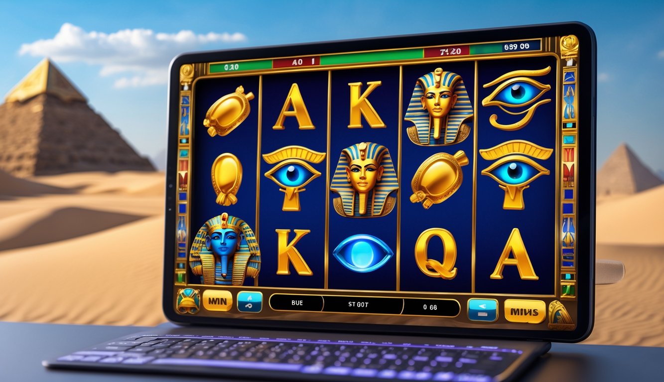 Tampilan mesin slot online dengan tema Mesir kuno menampilkan simbol seperti scarab emas, topeng firaun, piramida, dan hieroglif dengan latar belakang gurun pasir.